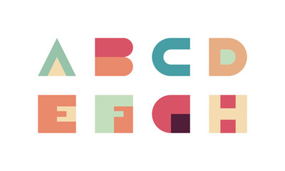 Geometric alphabet and modern abstract typeface with numbers, punctuation marks, stylized colorful typography character, alphabet flat illustration.	

