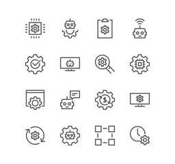 Set of robots related and robotic process automation icons, autopilot, chatbot, broken bot and linear variety symbols.	
