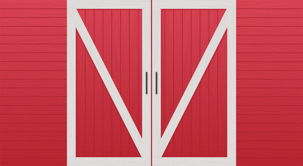 Red wooden barn door front view and farm warehouse building cartoon concept horizontal flat illustration.	
