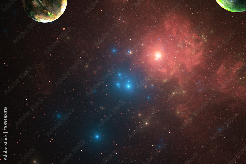Wall mural red blue clouds of stardust with planets in black space. abstract fractal 3d rendering