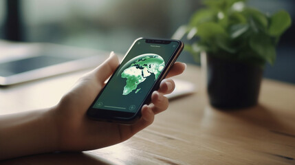 Smart phone with green ecological, sustainable world map on screen - Generative AI