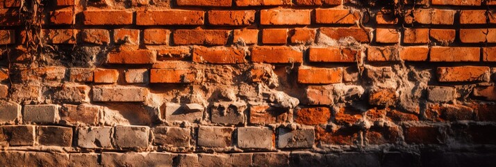 Vintage Burnt Orange Brick Wall with Textured Surface and Sunlight Filtered by Tree Leaves, Generative AI