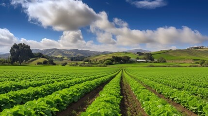 Fototapeta na wymiar Growing lettuce in rows in a field on a sunny day. Generative AI