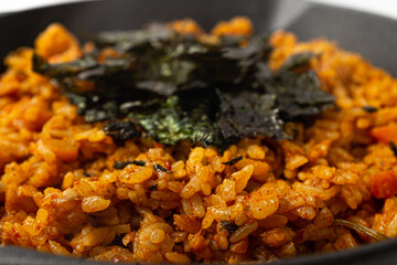 Korean Dakgalbi Fried Rice on white background