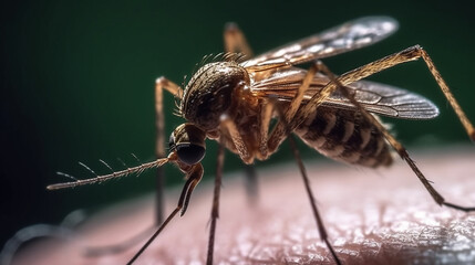 Malarial mosquito sits on a human arm. Generative AI