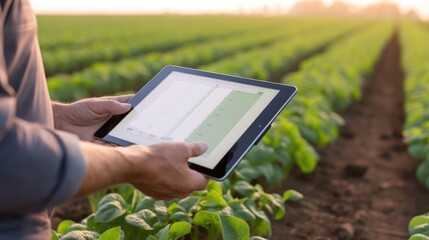 A close-up of a farmer using a tablet to monitor crop growth and soil health. Generative AI
