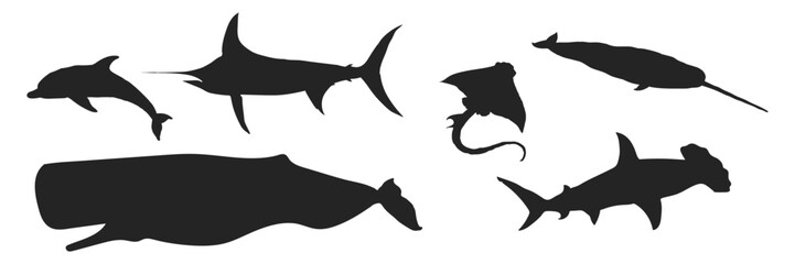 Sea animals. Sperm whale. Dolphin. Hammerhead shark. Stingray. Narwhal. Swordfish Vector illustration on a white background.