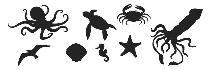 Obraz premium Sea life Inhabitants of the ocean. Collection. Octopus Turtle. Crab. Starfish. Squid. Gull. Sea Horse. Vector illustration on a white background.