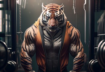 Obraz na płótnie Canvas a tiger wearing a sportsuit at the gym, generative ai