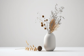 White background with a vase on the left side of the image filled with dried flowers,