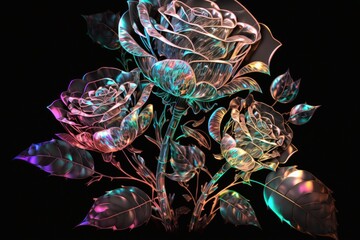 Neon rose laser transparent on a black background. Generative AI