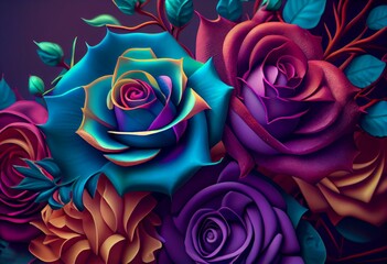 Fototapeta na wymiar Multicolored Flower Background. Floral Wallpaper with Purple and Violet Roses. 3D Render. Generative AI