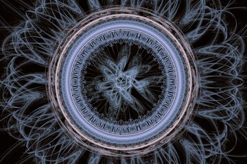 Blue round pattern of curved lines and waves on a black background. Abstract fractal 3D rendering