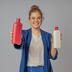 The girl holds a red opaque plastic bottle into the camera in the other hand she holds a similar