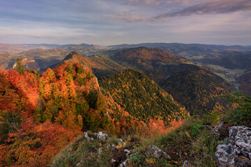 A beautiful sunset in the Pieniny Mountains at autumn. Poland