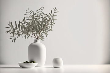 White background with a white vase filled with olive trees,