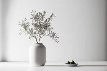 White background with a white vase filled with olive trees,