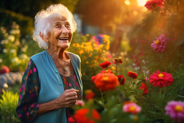 sweet caucasian grandma is happy about her flowers. generative ai