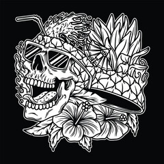 pineapple skull and flowers Black and White illustration with summer theme