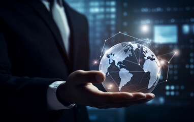businessman holding globe, network