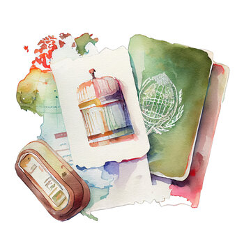 Travel documents illustration watercolor with transparent background. Generative AI