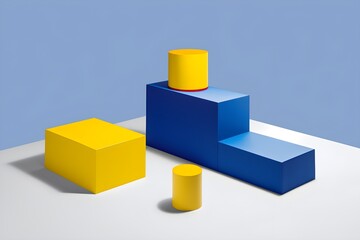Simplicity and Minimalism: Creative product blue and yellow podium/platform mockup, AI generated