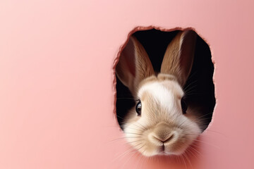 Obraz premium A pretty cute Easter bunny peeks out of a hole in the wall of a flat pink color. Copy space for text, minimal Easter banner template. A broken card wall with a hole window. Generative AI 