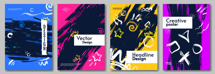 Set of abstract posters with dark backdrop. Modern cool colors, hand drawn brushes. Paint splash. Creative vector design for cover, poster, brochure, banner, business card. Vector illustration. 