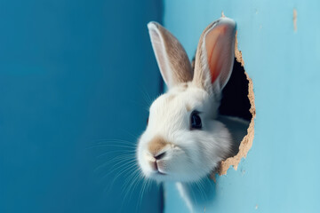 A cute white Easter bunny peeks out of a hole in the wall of a flat blue color. Copy space for text, minimal Easter banner template. A broken card wall with a hole window. Generative AI 