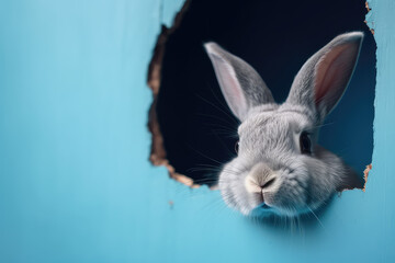 Obraz premium A cute grey Easter bunny peeks out of a hole in the wall of a flat blue color. Copy space for text, minimal Easter banner template. A broken card wall with a hole window. Generative AI 