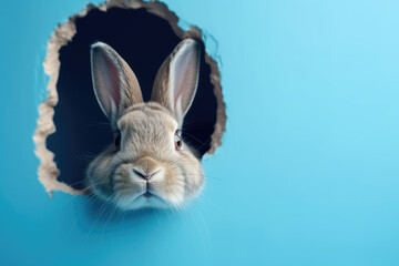 A cute Easter bunny peeks out of a hole in the wall of a flat blue color. Copy space for text, minimal Easter banner template. A broken card wall with a hole window. Generative AI 