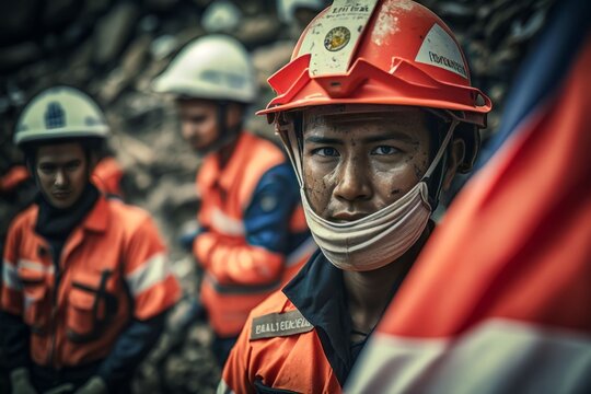 Rescue Service Man In Helmet Clears Rubble Of House After Natural Disaster In Indonesia, Generative AI