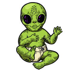 Alien baby in diaper color sketch engraving PNG illustration with transparent background