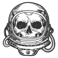 Human skull in astronaut helmet sketch engraving PNG illustration with transparent background