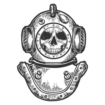 Human skull in diving helmet sketch engraving PNG illustration with transparent background
