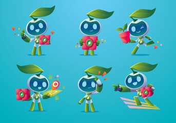 set of  green leaf eco robot mascot character delivery collection	