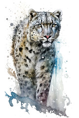Illustration Snow leopard in watercolor. Animal on a white background, generative AI - obrazy, fototapety, plakaty