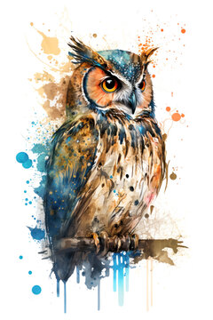 Illustration owl in watercolor. Animal on a white background, generative AI