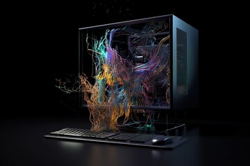 Digitally generated image of desktop computer with wires, Generative AI