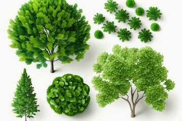 Set of green trees isolated on white background