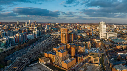 Leeds City Centre Aerial View of the city centre with retail, offices and residential buildings including the train station. Leeds in West Yorkshire England, Europe. 