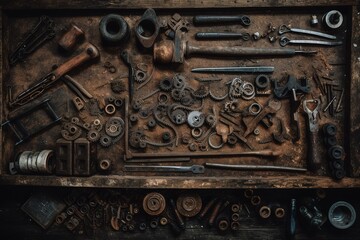 Directly Above Shot Of Rusty Tools On Table, Generative AI