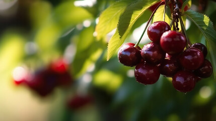 Delicious maroon cherries growing in the garden. Based on Generative AI