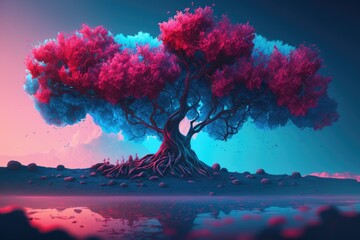 The beautiful, colorful landscape of a majestic, lonely tree with pink and blue color leaves.