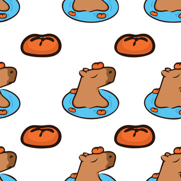 Funny pattern with capybaras. Repetitive design element. Relaxing capybara in water with tangerines. Vector illustration isolated on white background. Simple image