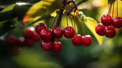 Obraz premium Delicious maroon cherries growing in the garden. Based on Generative AI