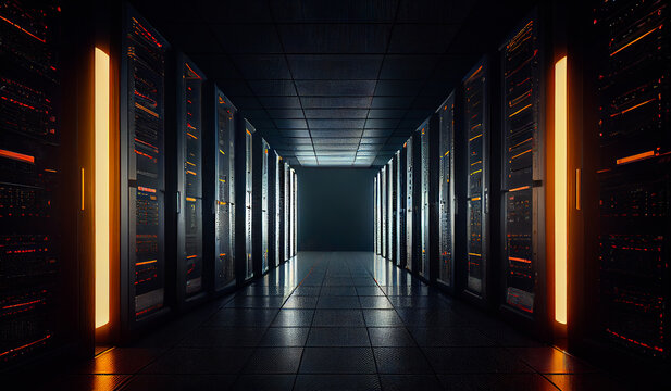 Generative AI image of interior of data center server room at night illuminated by orange lights with rows of black cabinets protecting servers with display of data numbers