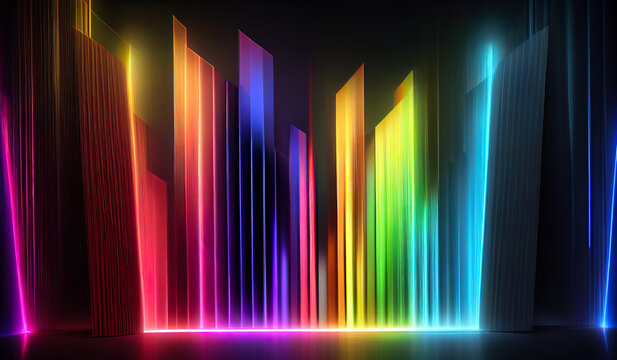 Generative AI image of bright abstract background with colorful glowing neon lines and stripes in darkness