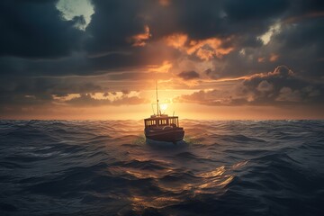 Obraz premium Boat In Sea Against Cloudy Sky During Sunset, Generative AI