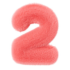 Pink and fluffy 3D number two on transparent background as png. Furry, soft and hairy symbol 2. Trendy, cute design element. Cut out object. 3D rendering.